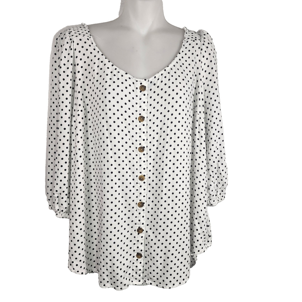 Torrid Womens Top White Black Polka Dot Button Front Puff Sleeve Scoop Neck 1X - Picture 1 of 10